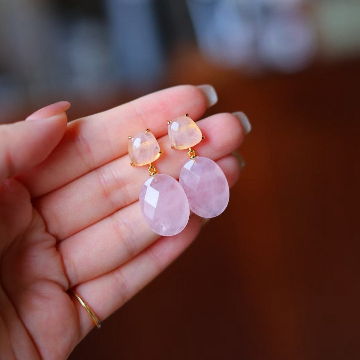 Pendientes románticos estilo princesa de cristal de cuarzo rosa - Oro vermeil - Piedra del amor