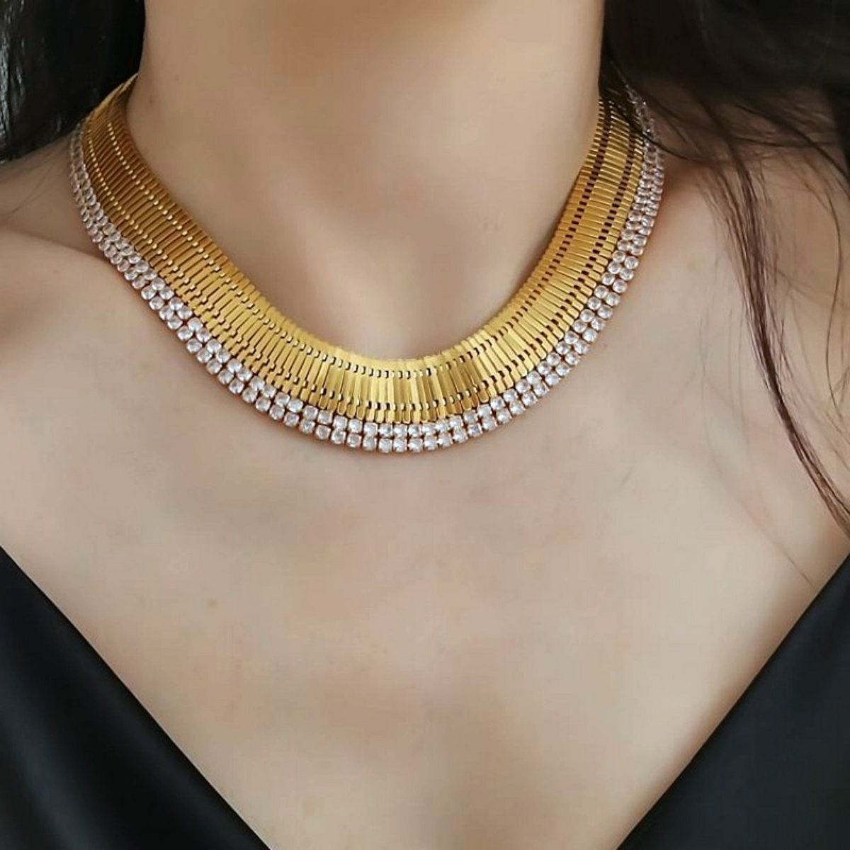 Vintage chique strass brede gebreide ketting