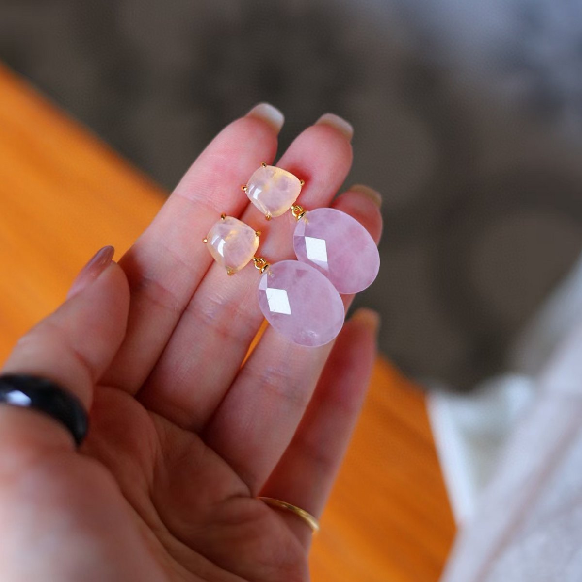 Pendientes románticos estilo princesa de cristal de cuarzo rosa - Oro vermeil - Piedra del amor