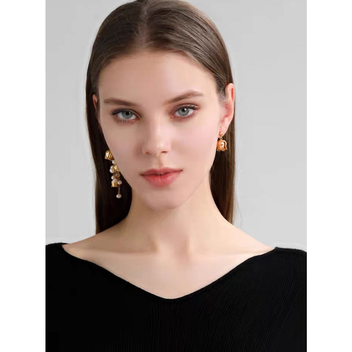 Pendientes colgantes de perlas asimétricas de lirio de los valles - Diseño de flor Muguet de inspiración vintage-oro y plata