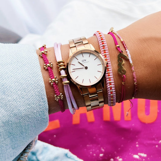 Gevlochten armband bordeaux/perzik/verguld