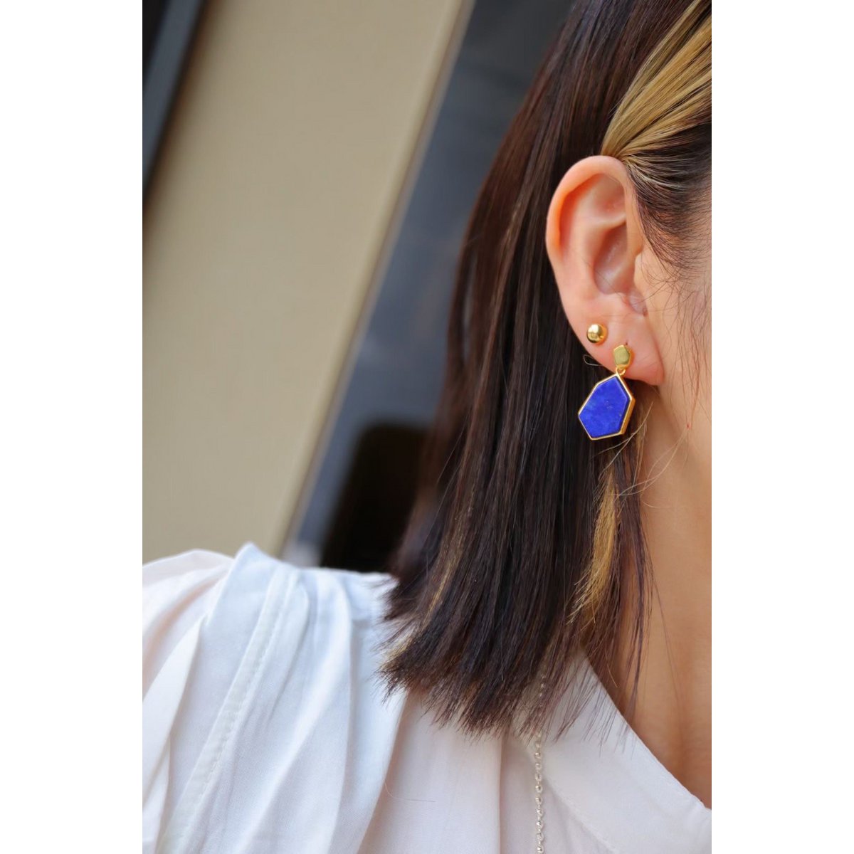 Pendientes colgantes hexagonales de lapislázuli azul océano natural de inspiración vintage - Vermeil de oro -Calidad AAAA