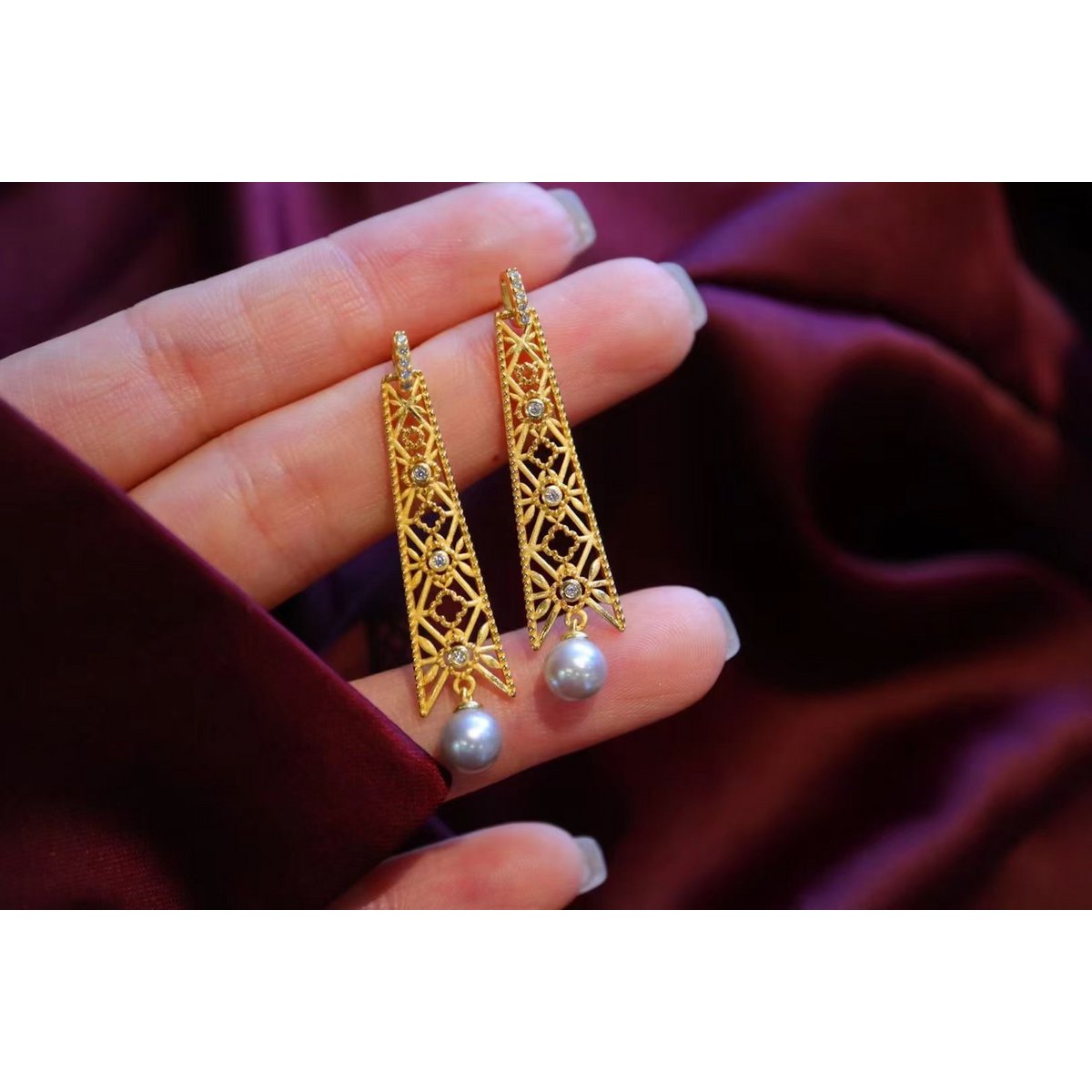 Pendientes generosos con montura gruesa y perla gris Akoya - Oro vermeil - Calidad AAAA