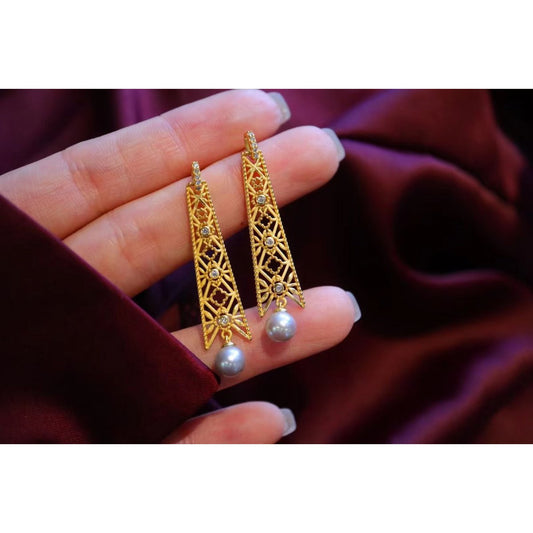 Royale oorbellen met dikke frame en Akoya grijze parel - Goud vermeil - AAAA-kwaliteit