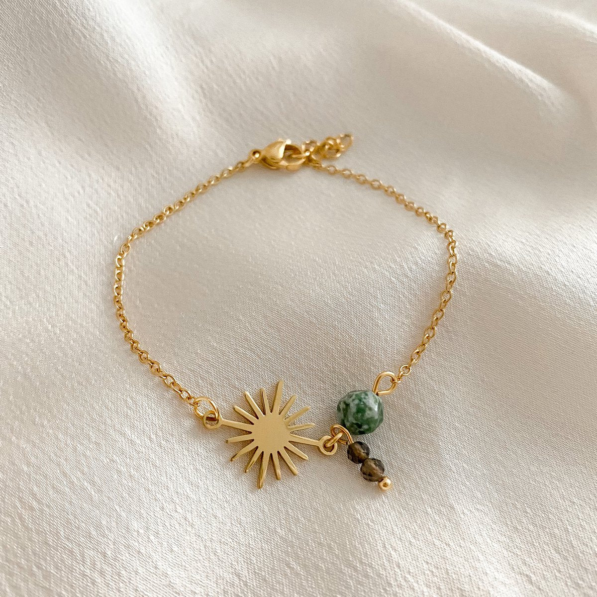 Smoky Quartz & Green Spot Jasper Armband - Goud