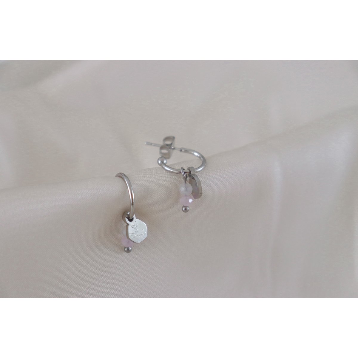 Pendientes de kunzita, piedra lunar y mariposa - Plata
