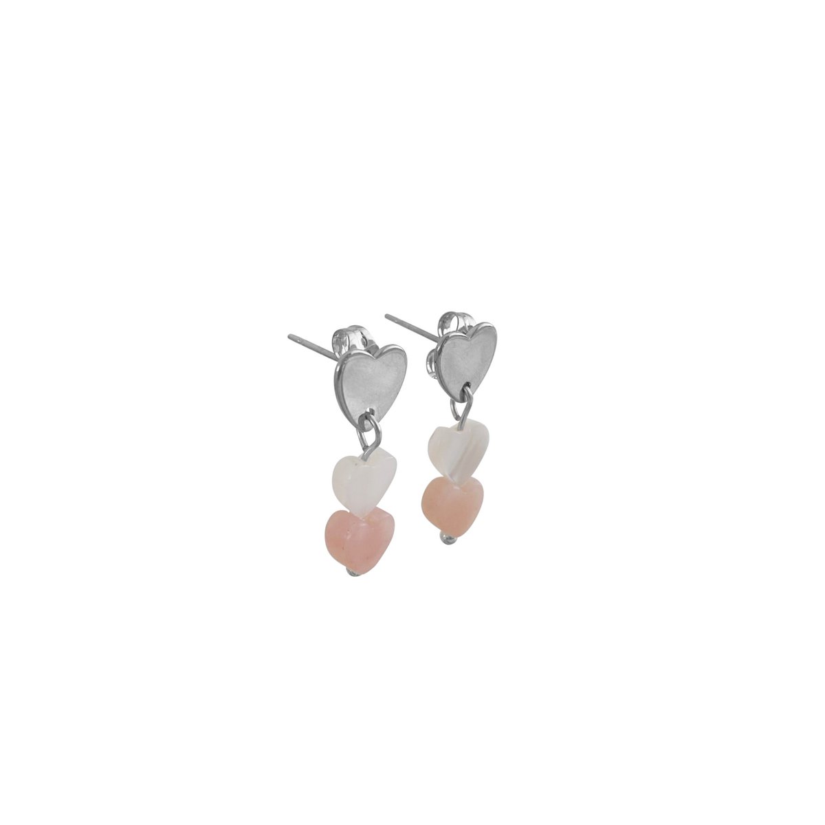 Pendientes de botón Corazón de ópalo rosa - Plata