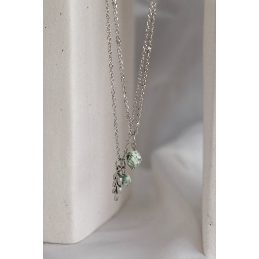 Green Spot Jasper & Blad Ketting - Zilver