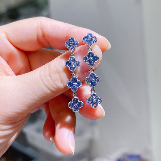 Geluksklaver Longline Oorbellen Blauwe Zirkonia - Zilver