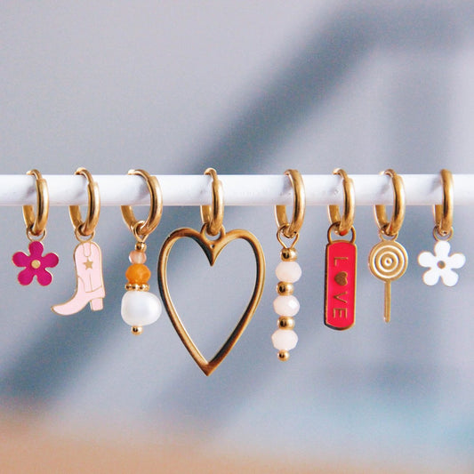 RVS oorbellen met bloem - roze/goud