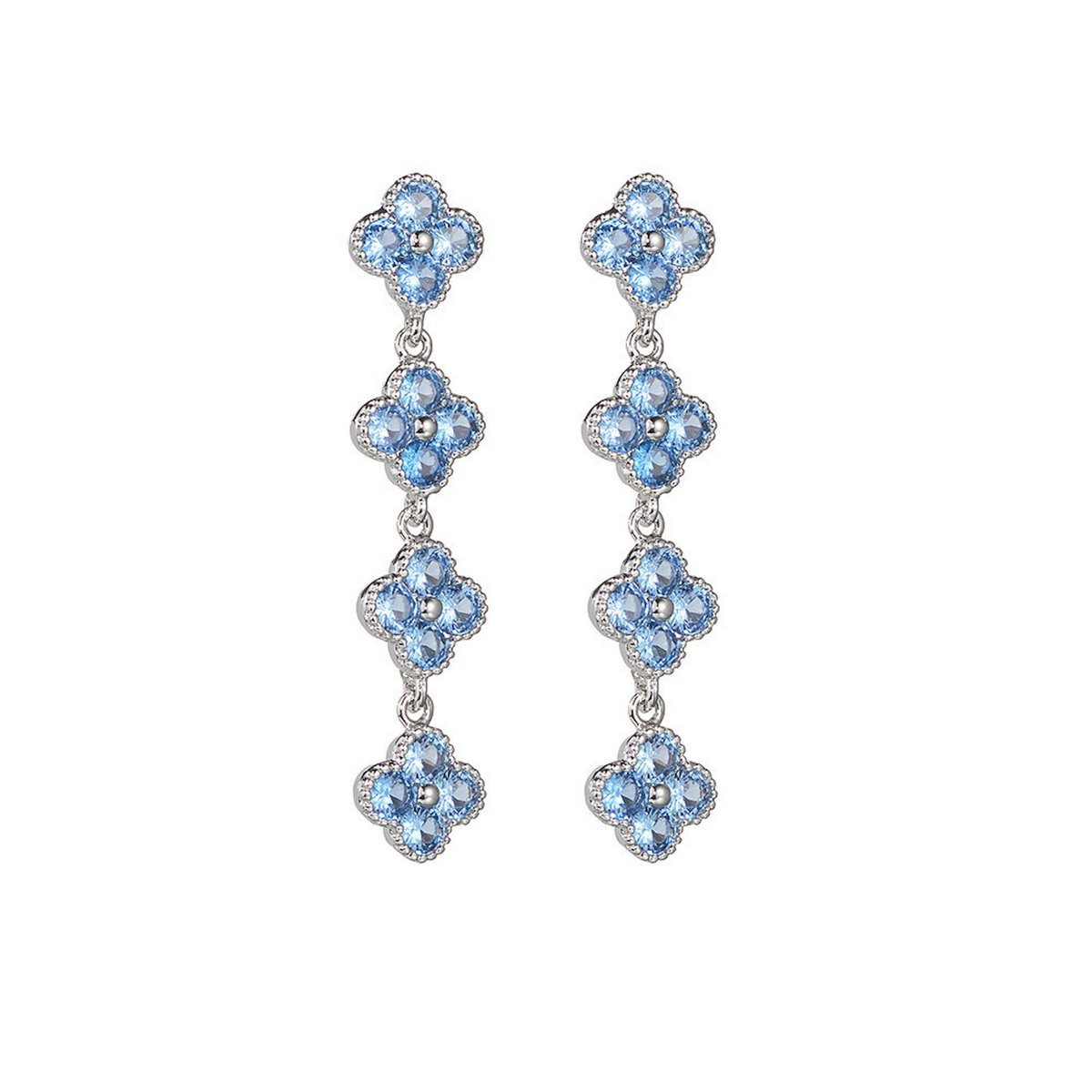 Pendientes Largos Trébol de la Suerte con Circonitas Azules - Plata