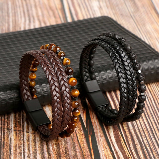 Gevlochten leren armband met echte stenen