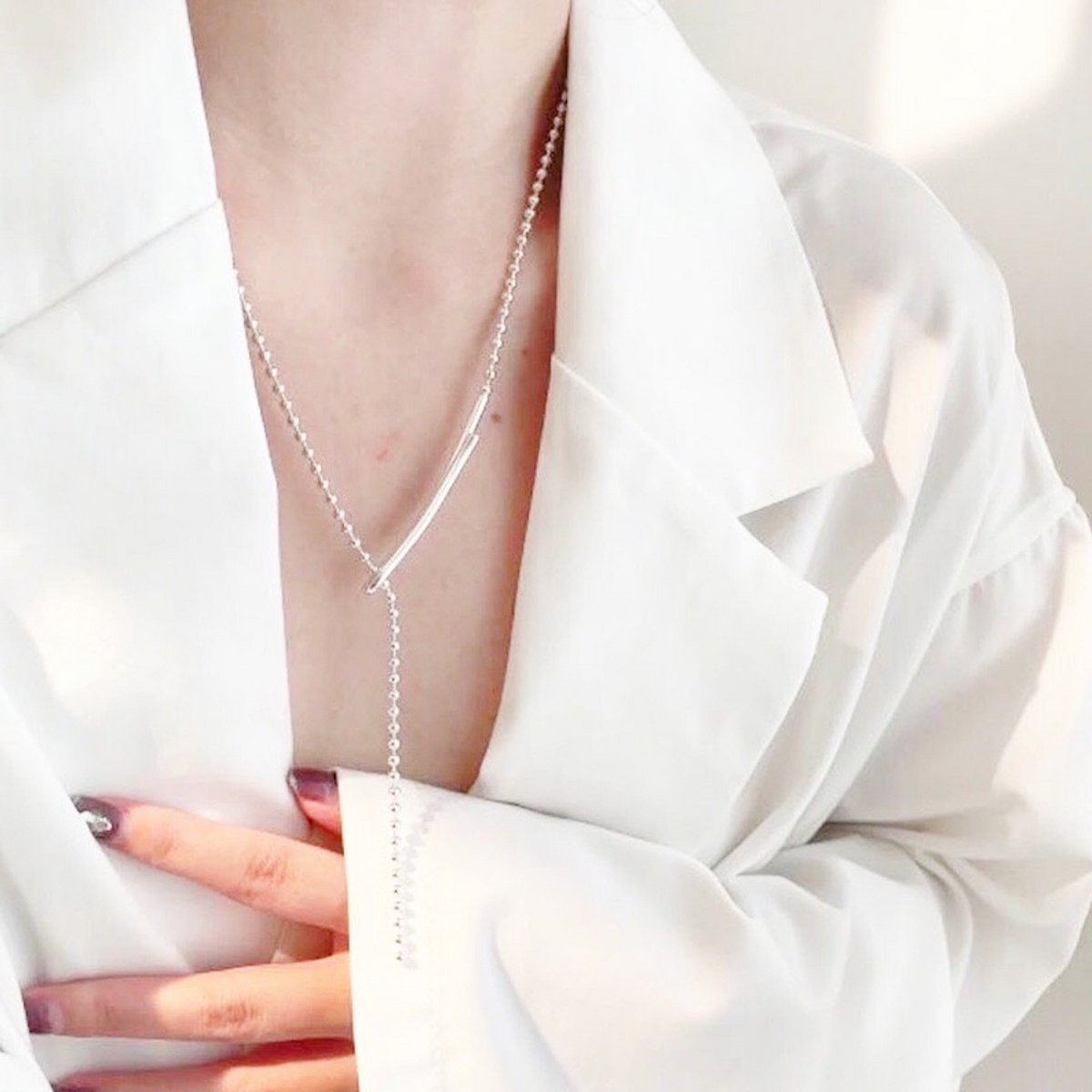 Minimalistische stijl Lange "Balletjes" Ketting - Zilver