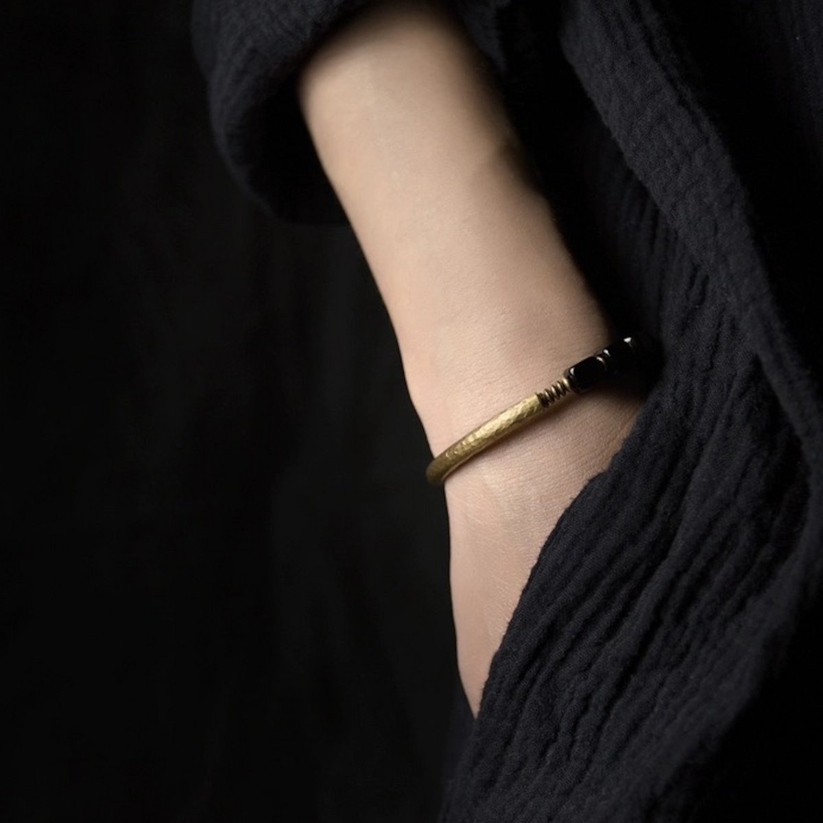 Stoere Zwarte Obsidiaan armband - Kralen/Brons