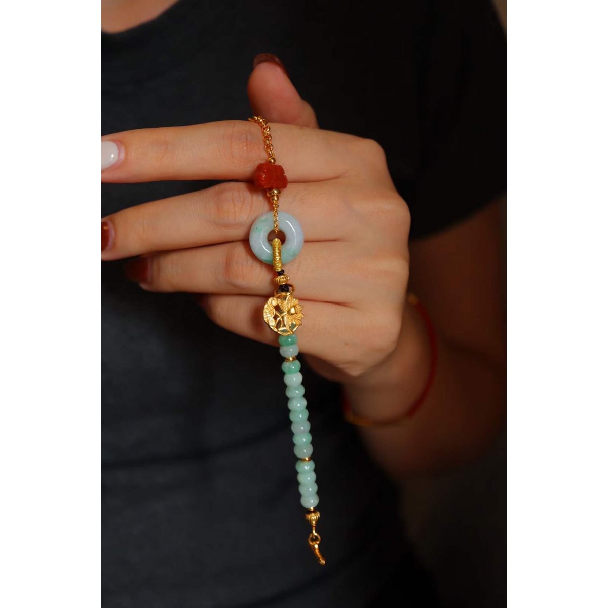 Natural Jade and Southern Red Agate Goodluck Ketting - Gold vermeil - AAAA Quality