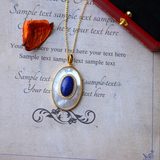 Royal stijl natuurlijke blauwe Lapis Lazuli met parelmoer grote ovale hanger - Goud vermeil -AAAA Quality
