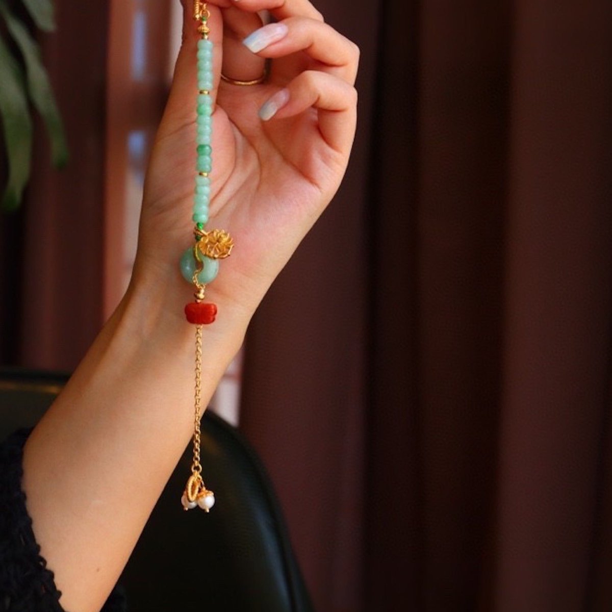 Natural Jade and Southern Red Agate Goodluck Ketting - Gold vermeil - AAAA Quality