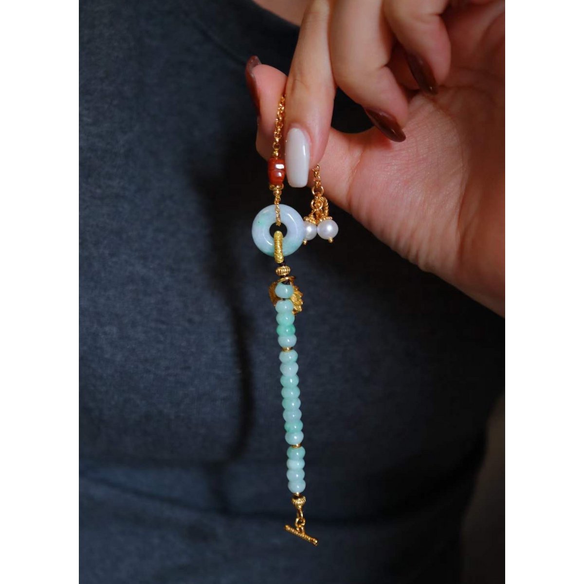 Natural Jade and Southern Red Agate Goodluck Ketting - Gold vermeil - AAAA Quality