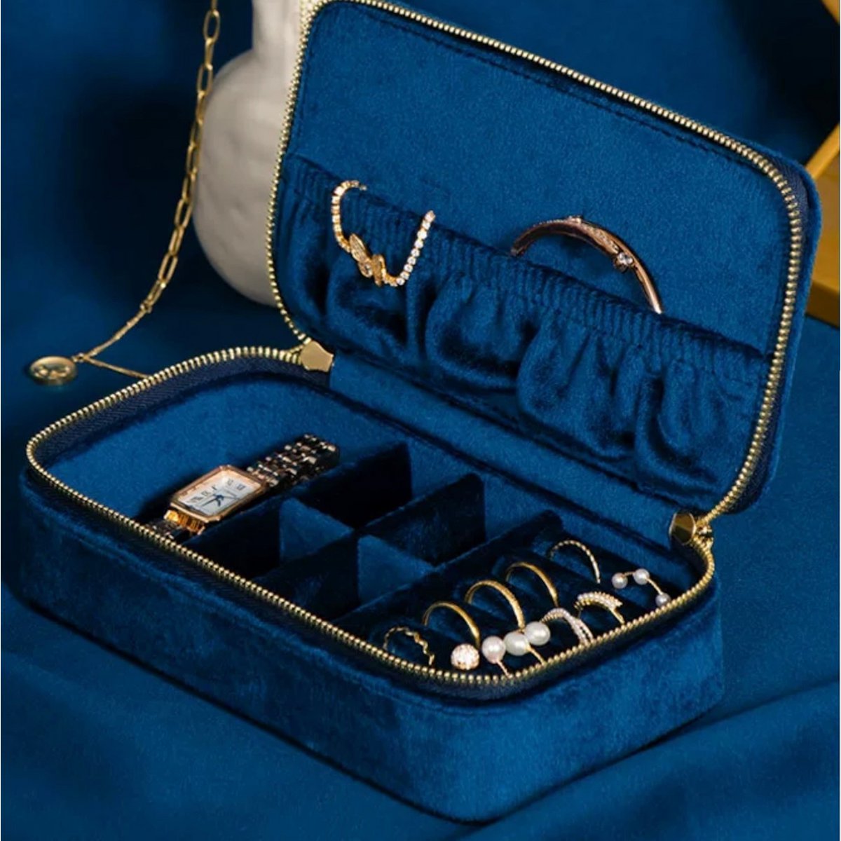 Koningsblauw Fluwelen Sieraden- en Ringen Reisdoos