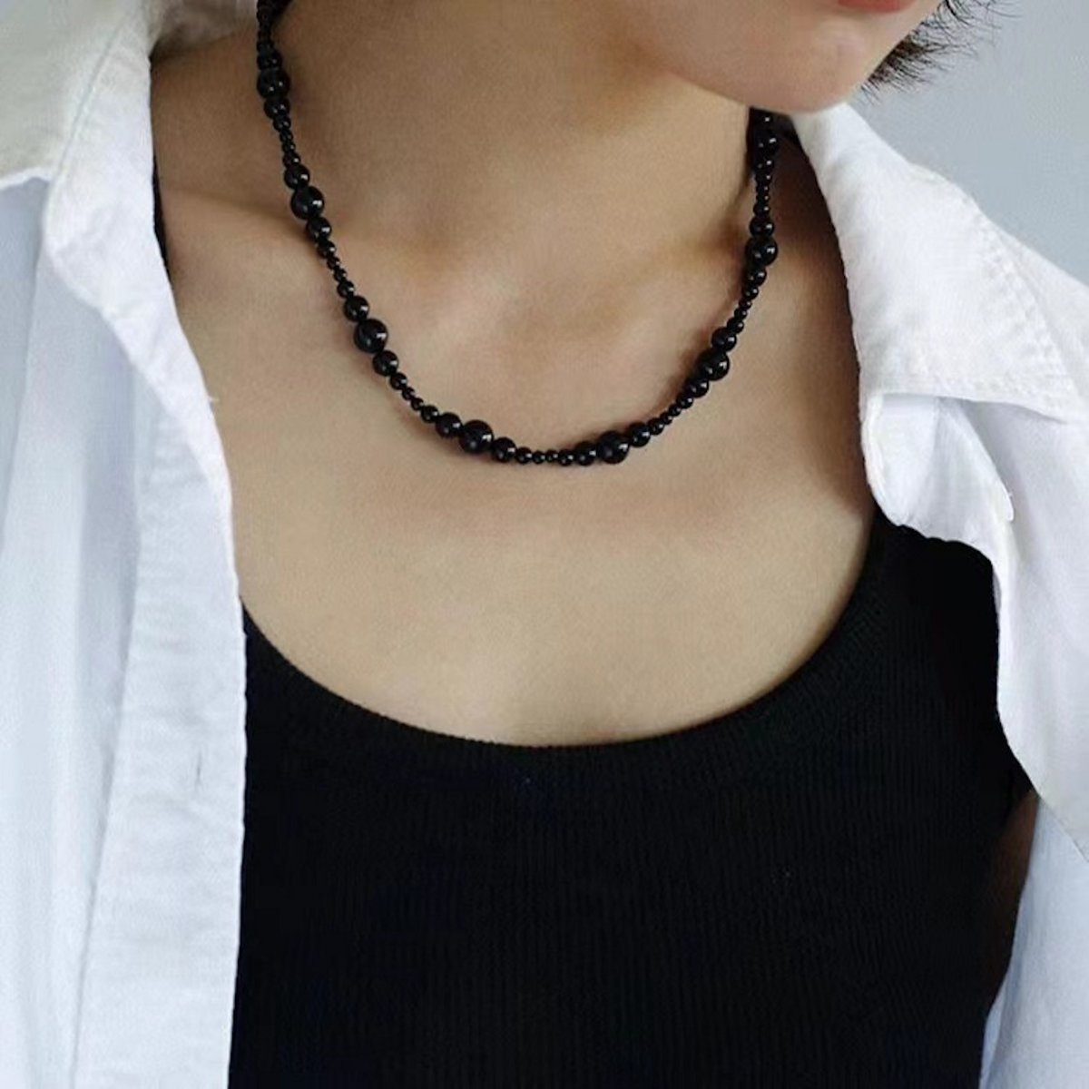 Minimalistische zwarte onyx kralen ketting-zilveren sluiting
