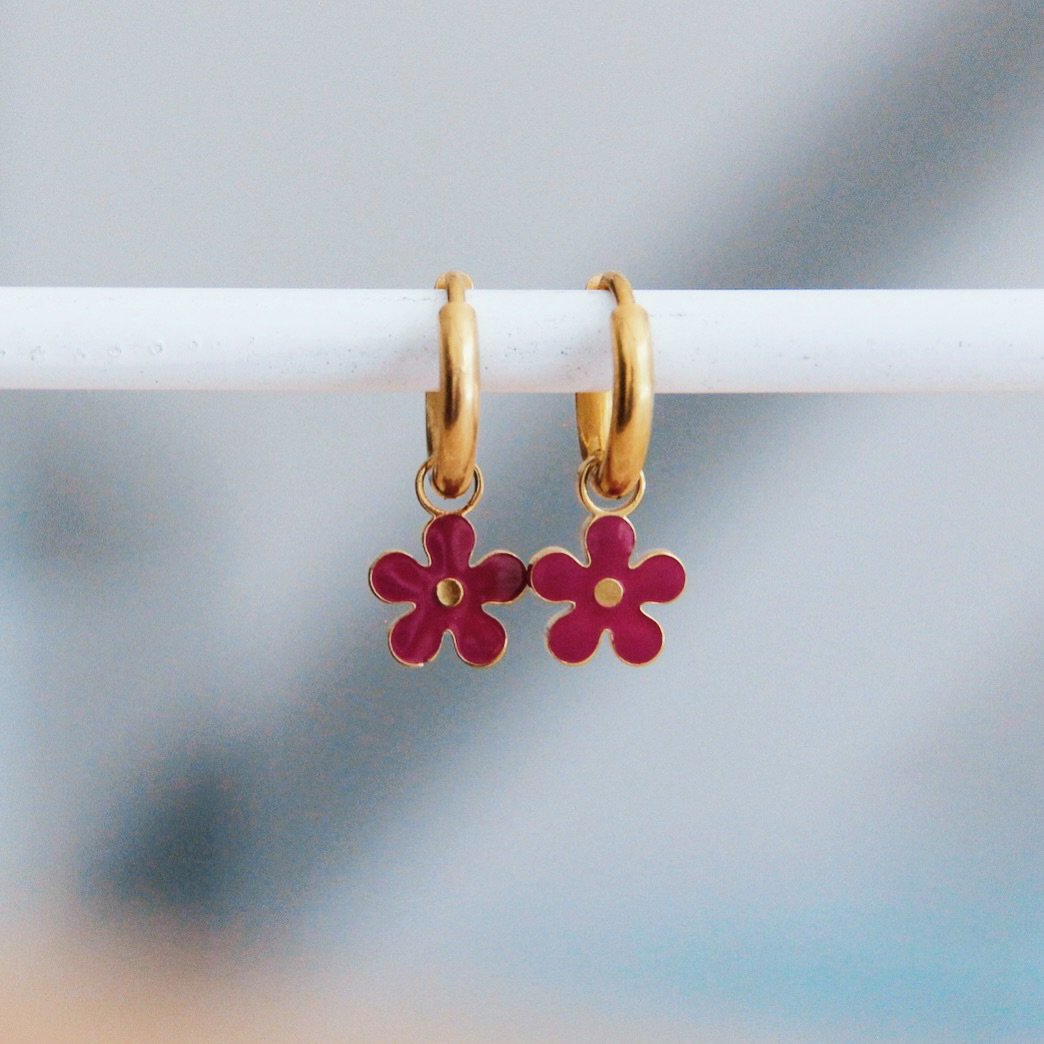 RVS creolen met bloem - aubergine/goud