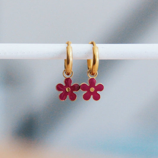 RVS creolen met bloem - aubergine/goud