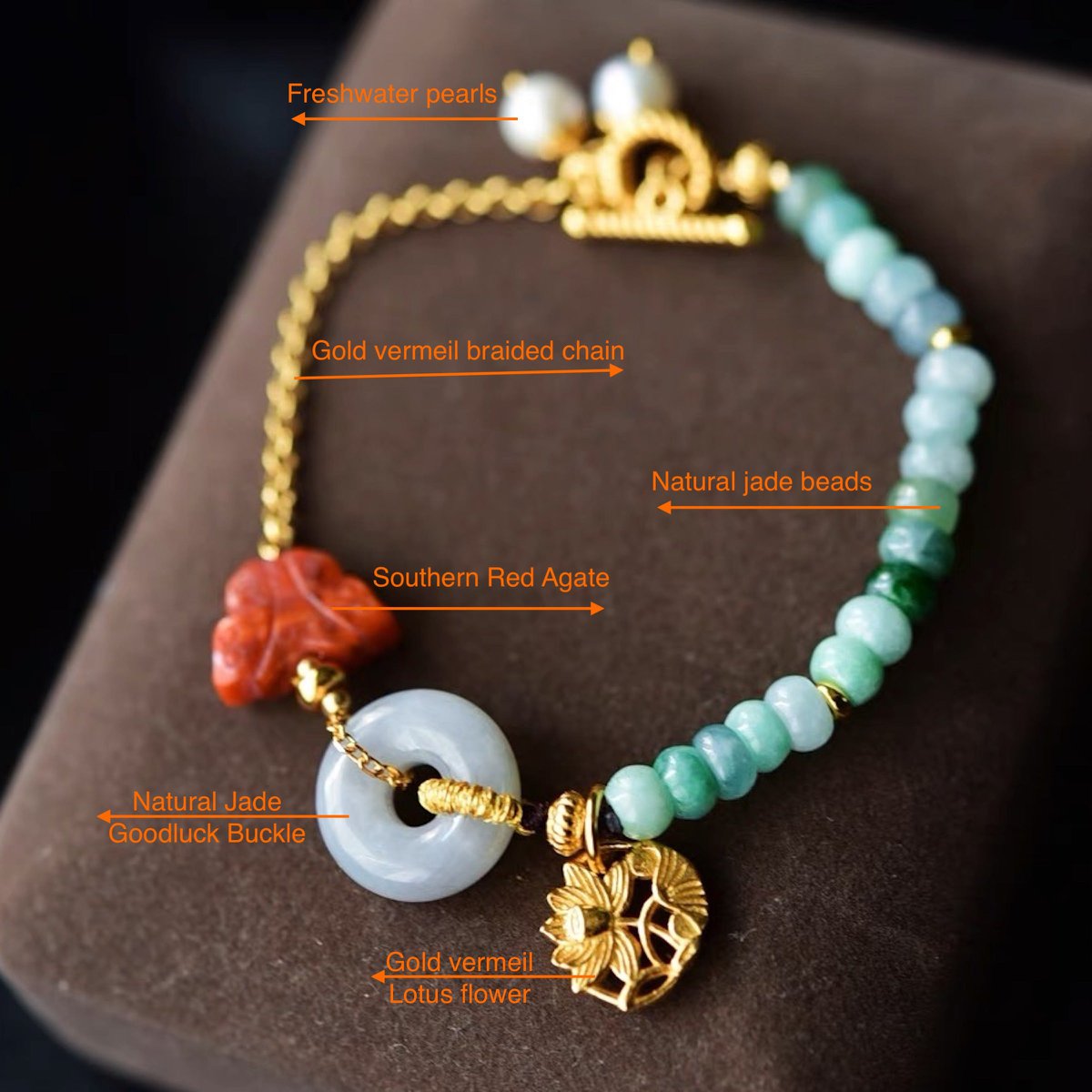 Natural Jade and Southern Red Agate Goodluck Ketting - Gold vermeil - AAAA Quality