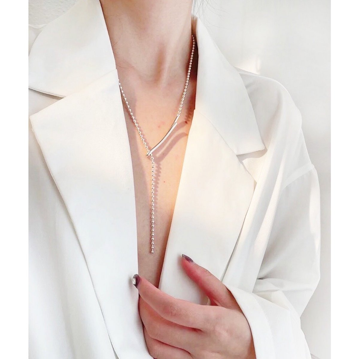 Minimalistische stijl Lange "Balletjes" Ketting - Zilver