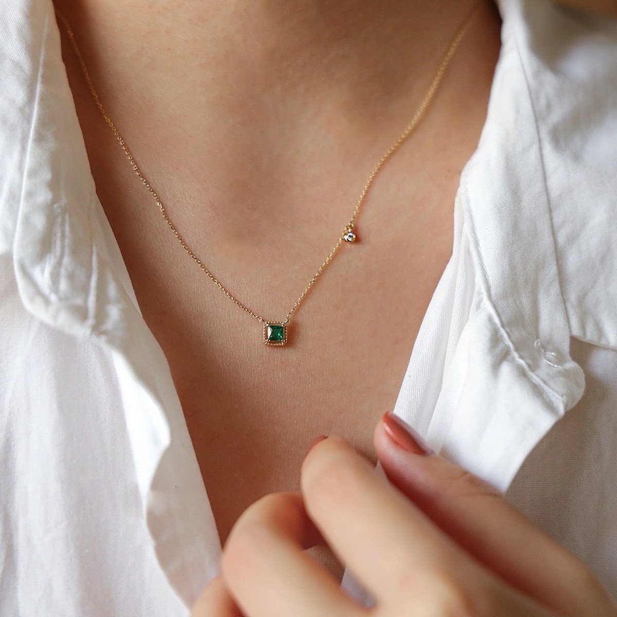 Suikerklontje-moderne vintage gouden vermeil groene stenen ketting