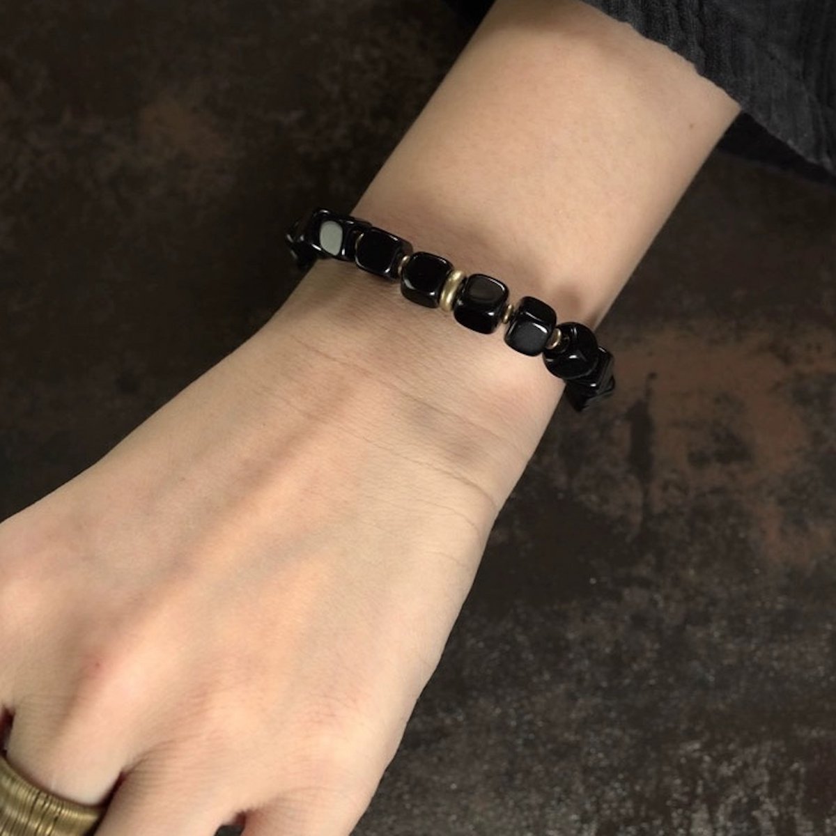 Stoere Zwarte Obsidiaan armband - Kralen/Brons