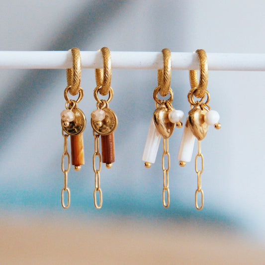 RVS bewerkte creool met koker, hart en ketting - parelmoer / goud