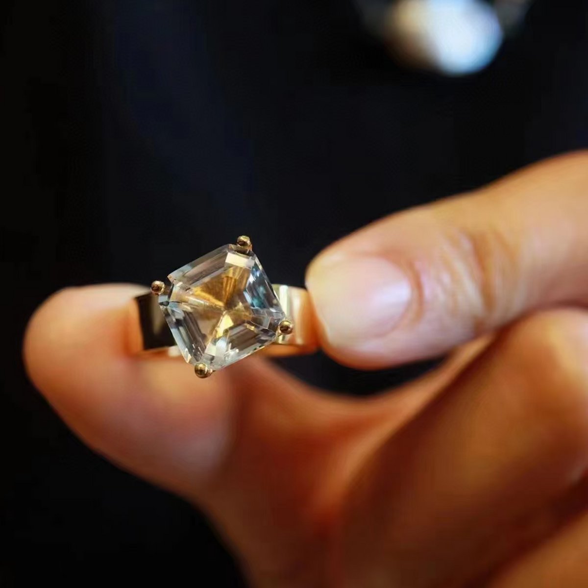 Anillo de declaración vermeil de oro de cristal de cuarzo transparente ajustable