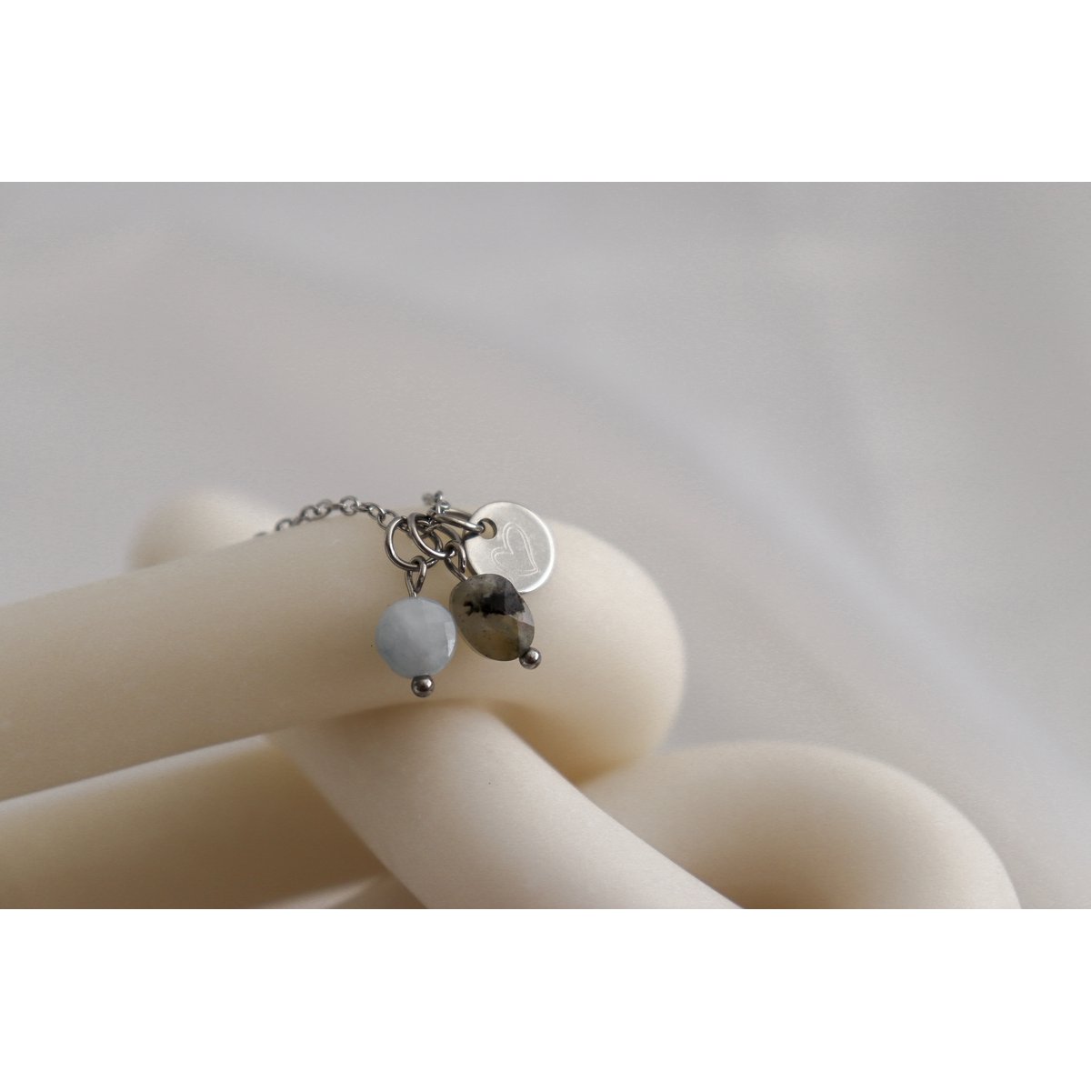 Aquamarine, Labradorite & Hart Ketting - Zilver