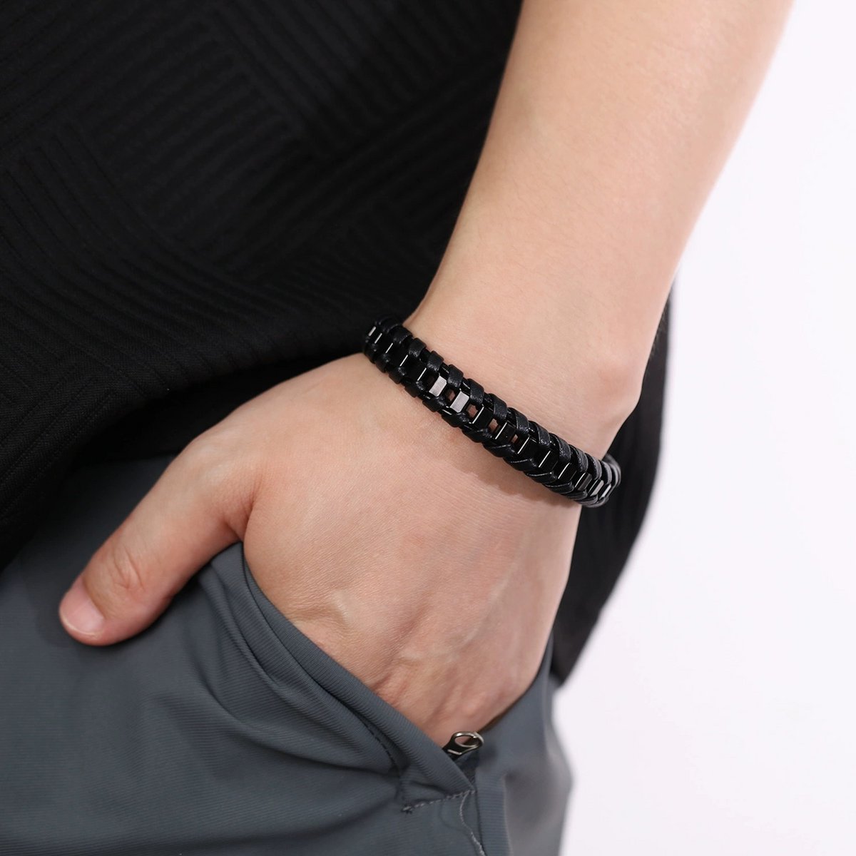 Stevig gevlochten lederen en stalen herenarmband