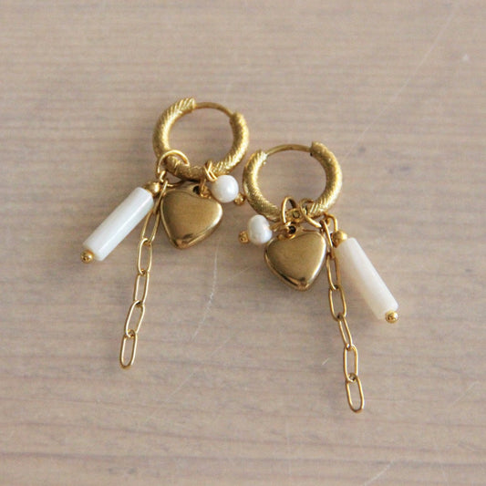 RVS bewerkte creool met koker, hart en ketting - parelmoer / goud