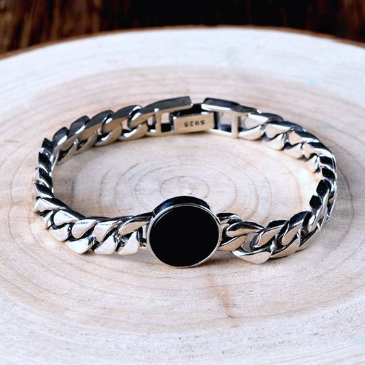 Gewaagde Sterling zilveren Cubaanse kettingarmband - ronde zwarte onyx