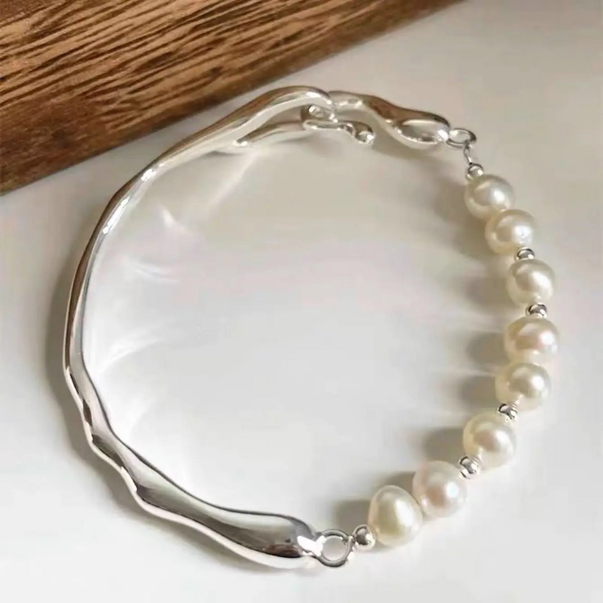 Zilveren boom - Handgemaakte natuurlijke barokke parelkralenarmband met kunstwerk sterling zilveren boomtak-AAAA-kwaliteit