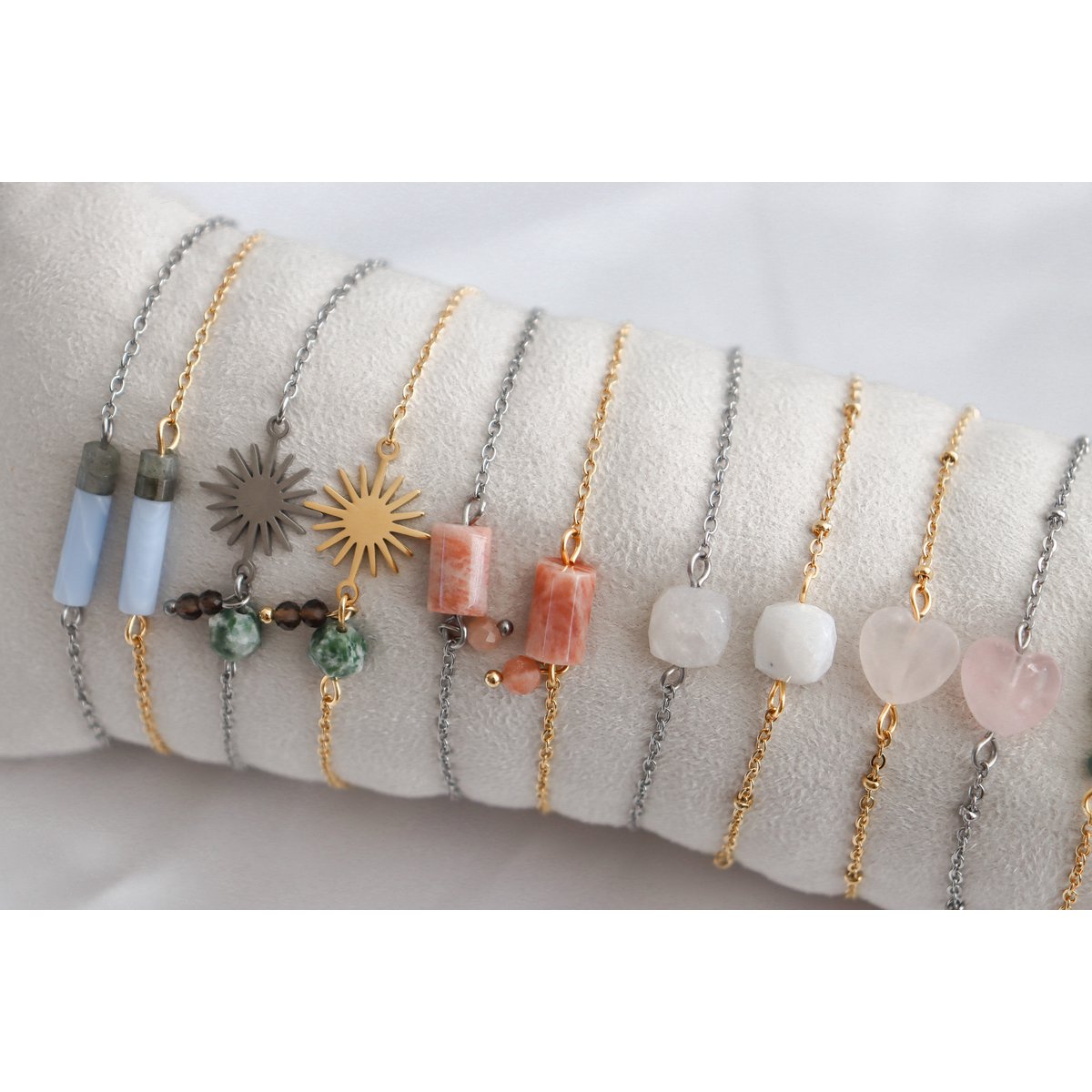 Pulsera de cuarzo y jaspe con manchas verdes - Plata