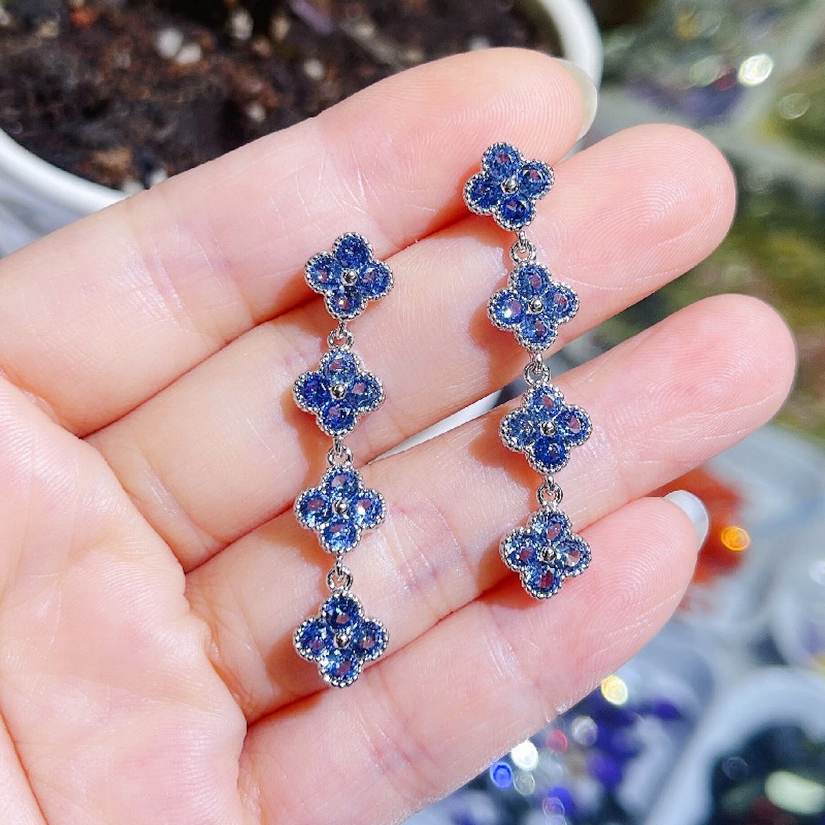 Geluksklaver Longline Oorbellen Blauwe Zirkonia - Zilver