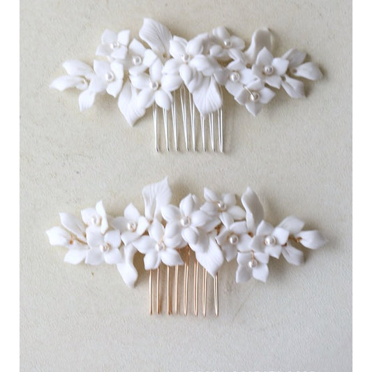 Handgemaakte keramische witte bloemen bruids grote haarspeld-goud en zilver