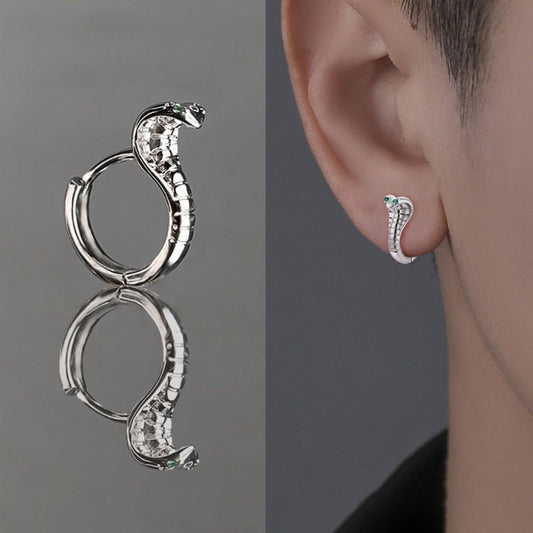 Pendientes Cobra de Plata - Aros Pequeños - Ojos Verdes