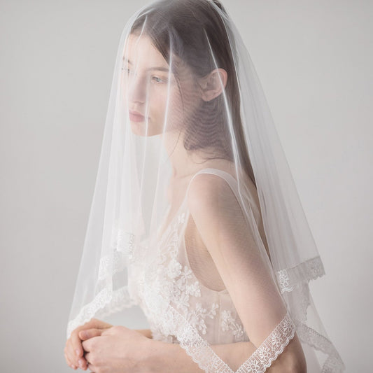 Romantische gezichtsbedekking Tull Bridal Veil - Kanten rand - Strijken voor gebruik