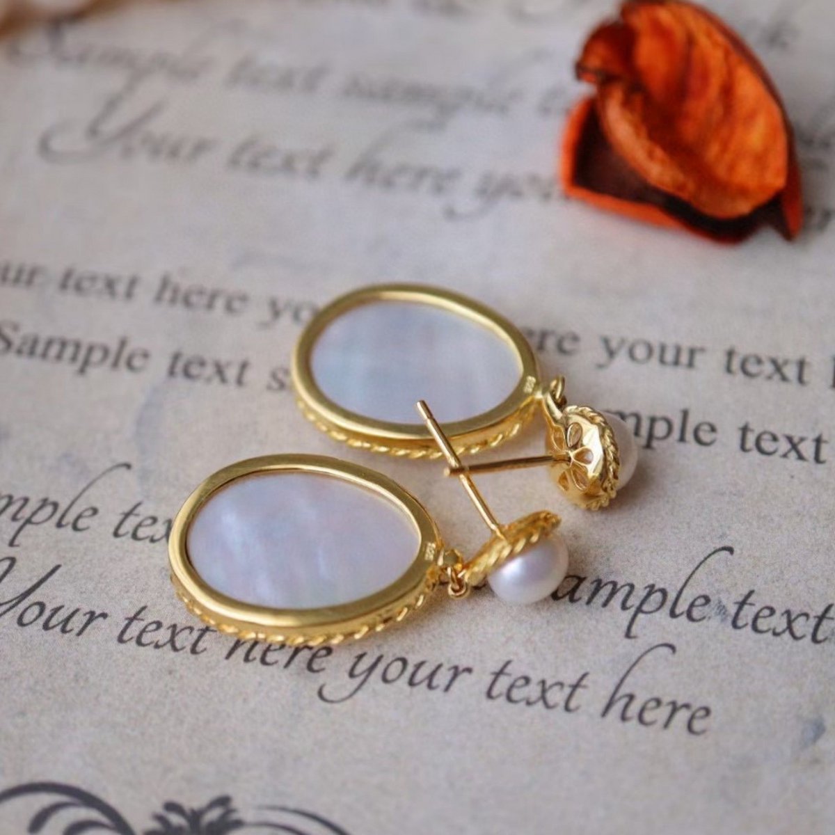 Parelmoer ovale gefacetteerde stenen sieradenset - goud vermeil - oorbellen & ketting & ring
