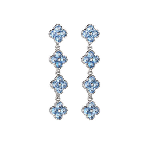 Geluksklaver Longline Oorbellen Blauwe Zirkonia - Zilver